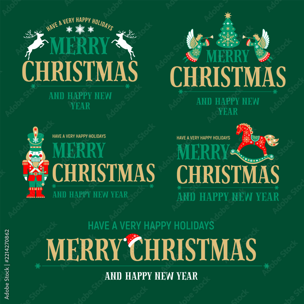 Fototapeta premium Christmas logo collection with lettering and traditional elements. Christmas and New Year nordic ornaments, toys. Vector vintage label set for winter holidays. Seasonal greeting design illustration