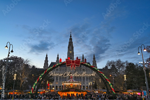 Photography Vienna City Hall Square Christmas Market Entrance Arch at Dusk with Crowd
