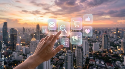 Digital marketing and social media icons integrated into urban life over a cityscape at dusk.