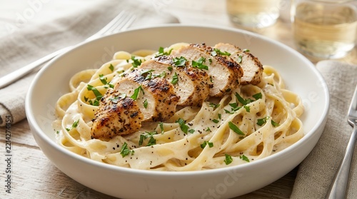 Creamy fettuccine alfredo with sliced grilled chicken in a white bowl.