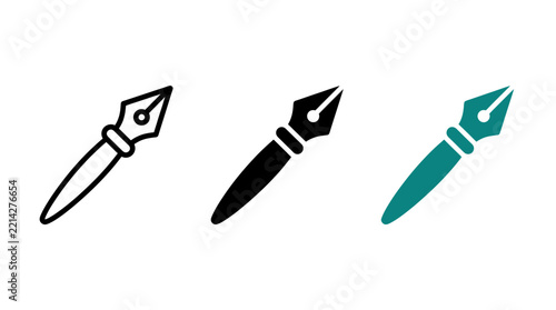 Dip Pen Icon Set with Calligraphy Fountain Pen Nib Symbols in Vector Format