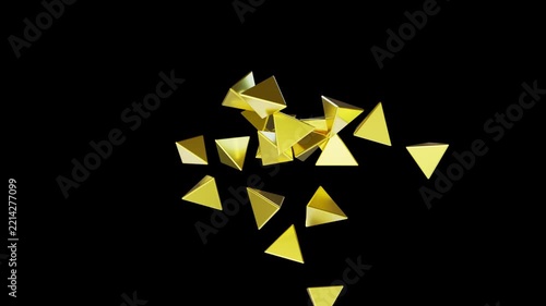 3D Golden Crystal Assembling from Floating Pyramids on Black Background