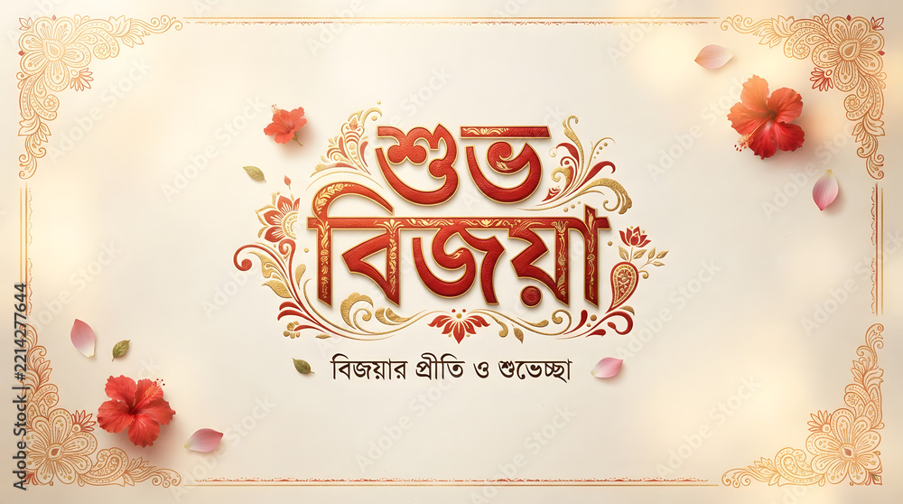 Fototapeta premium Shubho Bijoya Festive Greeting Card with Floral Accents.