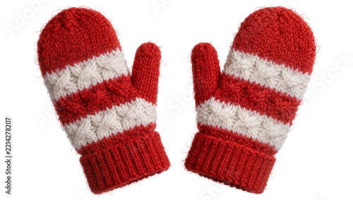 Fotografie Red and white striped knitted mittens with cable knit pattern, isolated on trans