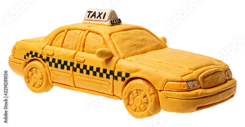 Handmade yellow taxi cab made from plasticine on a white background