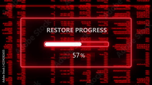 Futuristic Glowing Red Neon Restore Progress Loading Bar Overlay Screen Interface Symbolizing Cyber System Data Recovery Concept Isolated on Dark Background