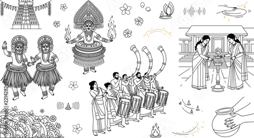 South Indian festival line art set with theyyam kavadattam dance chenda melam drummers and temple rituals vector illustration