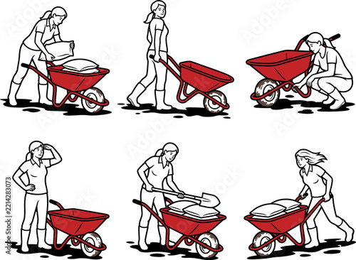 Woman working with wheelbarrow gardening character poses set