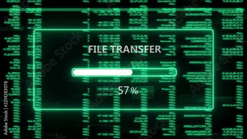 Futuristic Glowing Green Neon File Transfer Loading Bar Overlay Screen Interface Symbolizing Cyber Document Exchange Progress Concept Isolated on Dark Background