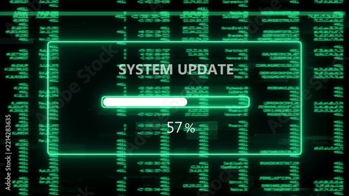 Futuristic Glowing Green Neon System Update Loading Bar Overlay Screen Interface Symbolizing Cyber Software Upgrade Progress Concept Isolated on Dark Background