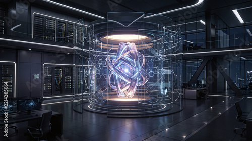 Futuristic laboratory room with a glowing central energy core container.