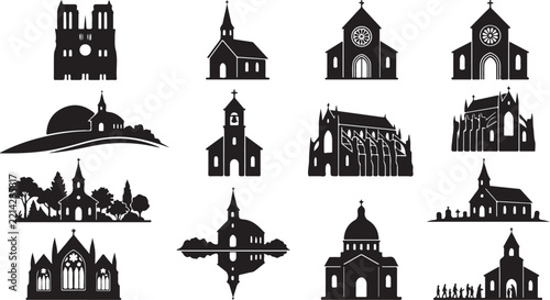 Set of black silhouette depicting various church buildings, cathedrals, chapels, and religious architecture in different styles