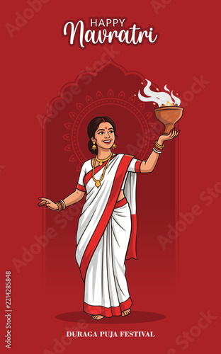Indian woman performing dhunuchi dance for Navratri Durga Puja festival poster.