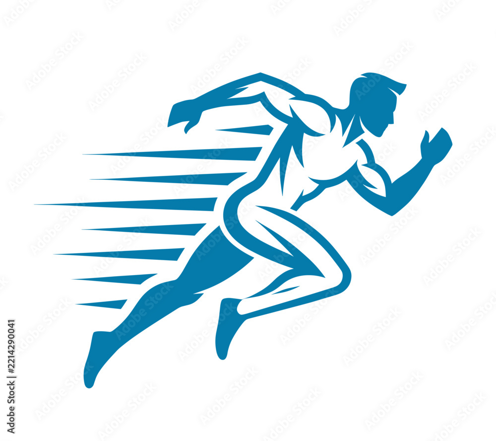Fototapeta premium Fast Running Man Silhouette Vector Logo, Athletic Sprinter Icon with Speed Motion Trails for Fitness and Sports Club