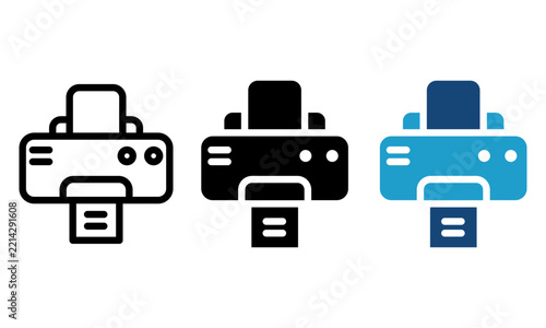 Printer icon Office hardware vector icon set featuring printer device and document print symbols in dual tone, solid glyph, and professional outline styles.
