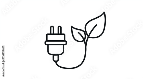 Eco electric plug with green leaf cable vector icon. Black line art style on white background. Clean outline power connector with organic leaves for renewable energy, eco friendly electricity