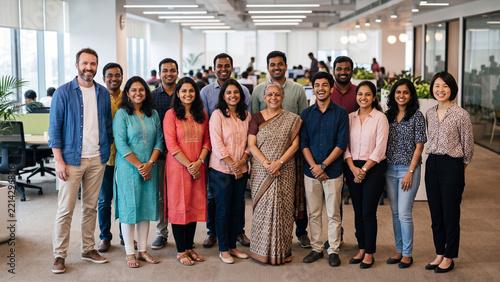 Large Indian business team standing together in modern open plan office, smiling at camera. Multiethnic group of businessmen and businesswomen, colleagues of different ages. Teamwork, diversity.