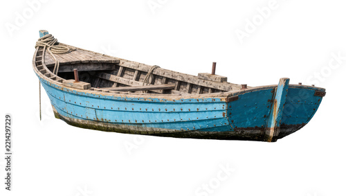 Weathered blue wooden fishing boat with ropes, isolated on transparent background