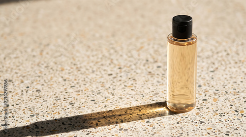 Small cosmetic bottle on a textured stone surface