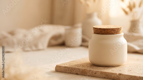 Ceramic jar with cork lid on stone tray in bright interior