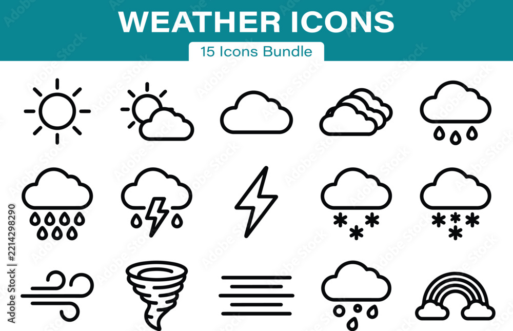 Fototapeta premium Weather Bold Stroke Line Art Set of 15 Forecast and Meteorology Vector Icons