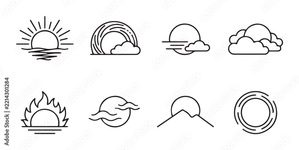 Fototapeta premium Weather icons set with sun, clouds, rainbow, and mountain line art for forecast and climate