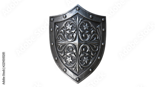 Ornate medieval metal shield with floral engravings, isolated on transparent background