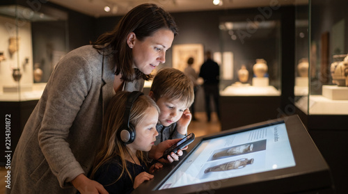 Family audio tour with children in a museum interacting with exhibits  