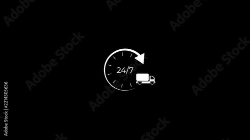 24/7 delivery service clock and truck animation icon on dark background .
