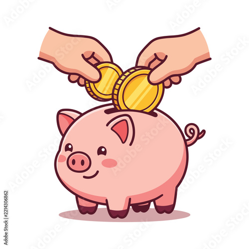 Hands inserting gold coins into a cartoon pink piggy bank for savings