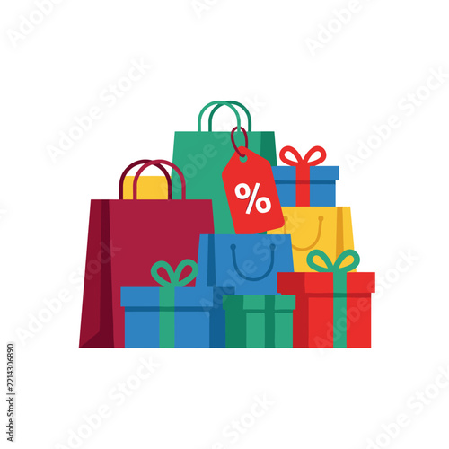 Heap of colorful shopping bags and gift boxes with a discount price tag