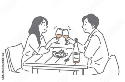 ワインを楽しむ若い女性と男性　シンプルでお洒落な線画イラスト