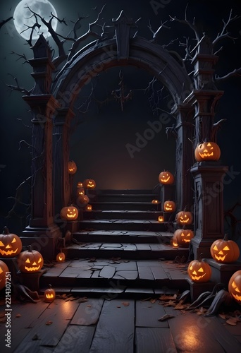 Spooky Gothic Crypt Entrance in a Foggy Halloween Graveyard
