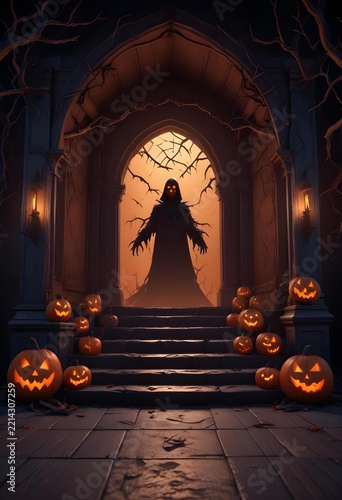 Spooky Gothic Crypt Entrance in a Foggy Halloween Graveyard