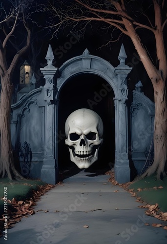 Spooky Gothic Crypt Entrance in a Foggy Halloween Graveyard