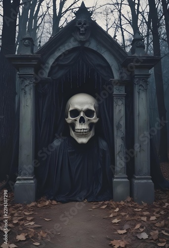 Spooky Gothic Crypt Entrance in a Foggy Halloween Graveyard