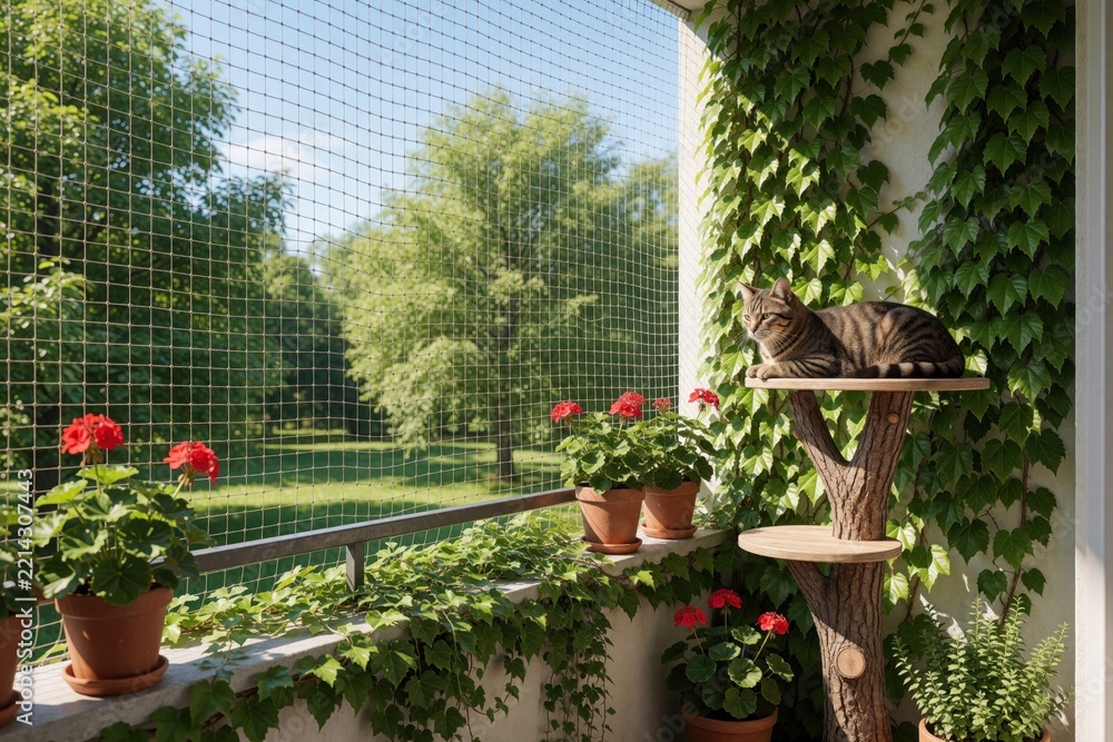 Fototapeta premium Tabby cat sits on wooden tree shelf on balcony. Pet rests near green ivy wall, potted red geraniums. Safety net covers balcony railing with view of summer park, trees. Domestic feline enjoys sunny