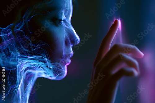 A woman s profile is illuminated by flowing blue and purple energy streams digitally enhanced