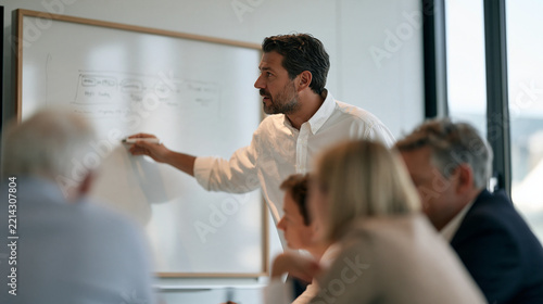 A technical pre-sales consultant sketching a custom enterprise integration workflow on a whiteboard during a client discovery session, as three stakeholders from a corporate