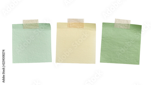Three square sticky notes with tape, isolated on transparent background