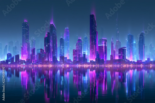 Futuristic cityscape reflecting in water features a vibrant neon and dark blue color scheme