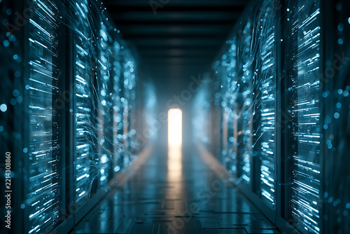 Server racks line a long corridor illuminated by glowing blue lights and leading toward a bright exit