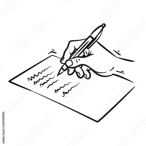 Person writing notes with pen on paper sketch illustration