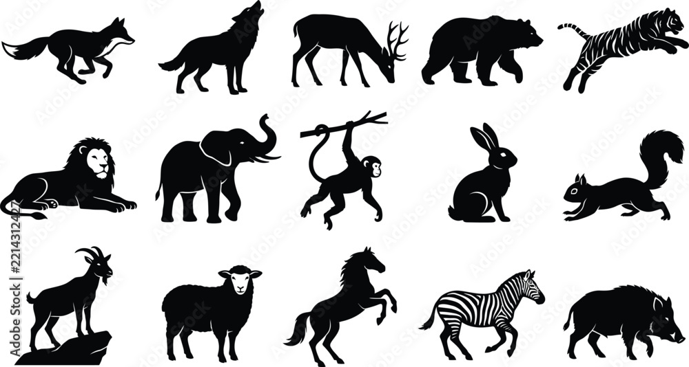Obraz premium Collection of fifteen black animal silhouettes featuring various species like lion, elephant, monkey, bear, tiger, and deer on white