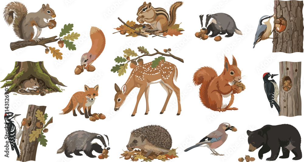 Fototapeta premium Forest animals gathering food and acorns set featuring squirrels deer badgers hedgehogs foxes bears woodpeckers and woodland wildlife vector illustration