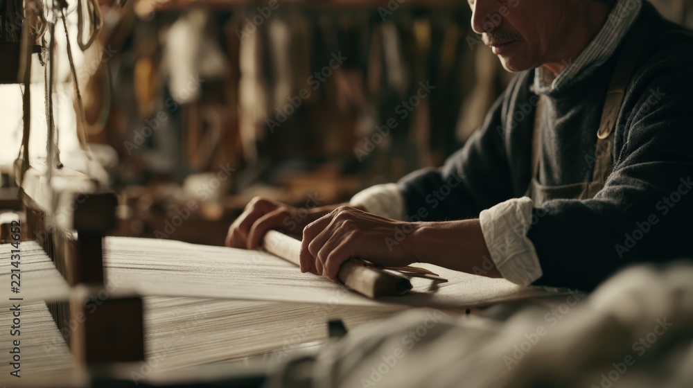 Obraz premium Close-Up of Hands Unrolling Paper Scroll on Table in Warm Moody Light