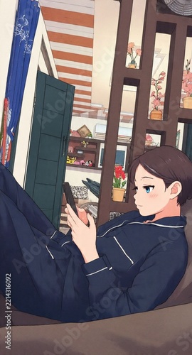 Young Woman Relaxing Indoors While Using Smartphone in Cozy Home Setting