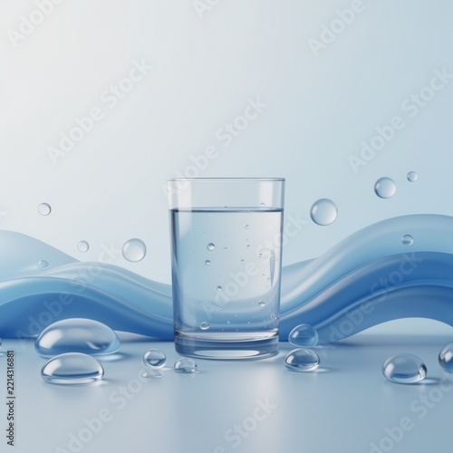 Glass of water with blue wave and bubbles