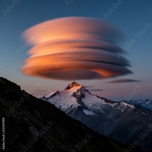 Lenticular cloud over snowy mountain peak at sunset