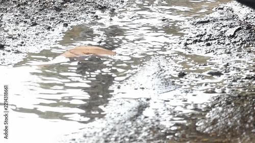 Water running on ground through bitumen and pot holes